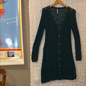 Free People: Green Button-Up Crocheted Long Cardigan, Size: See Dimensions